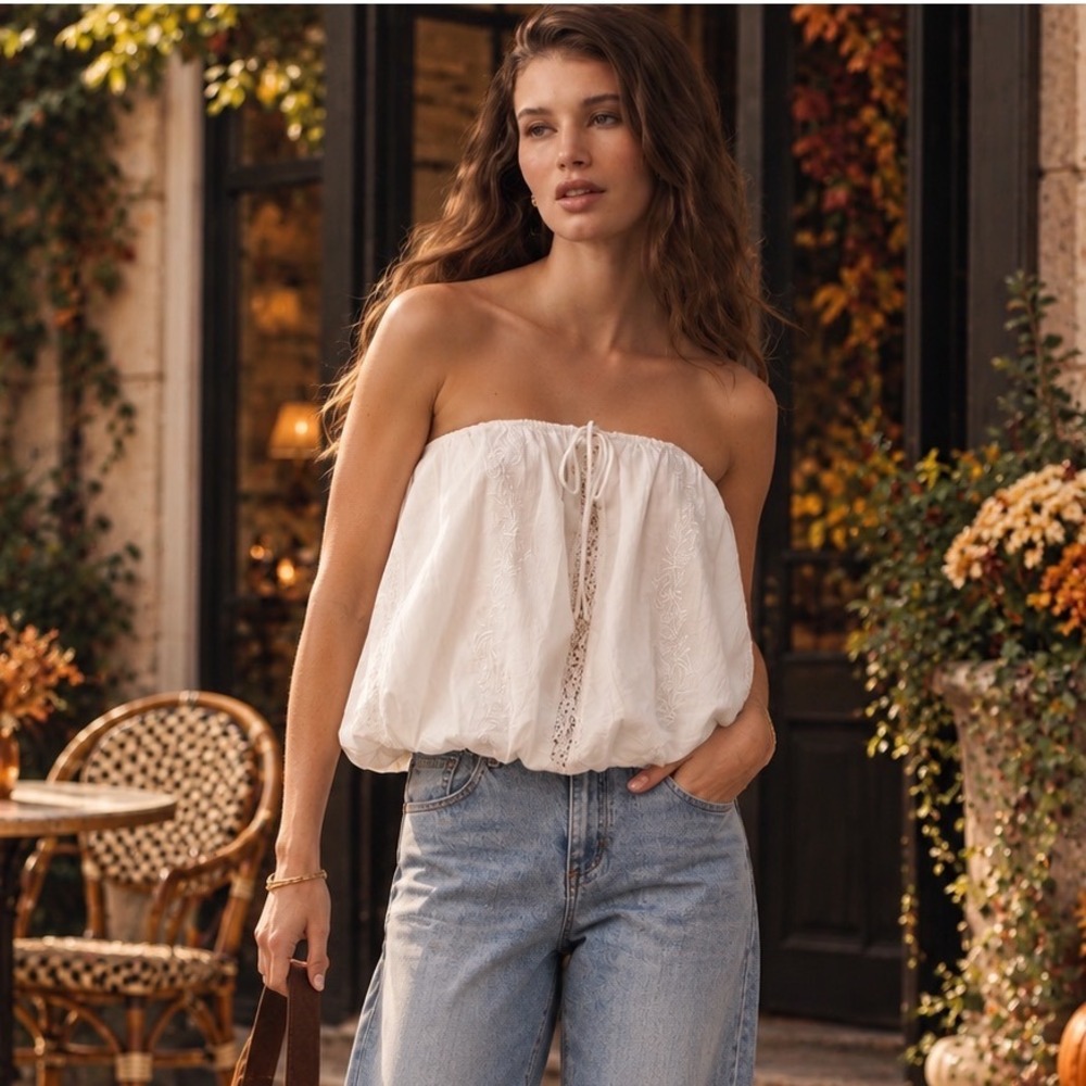 Anthropologie Bubble Hem Tube Top Womens XL White Cotton Strapless NWT $118